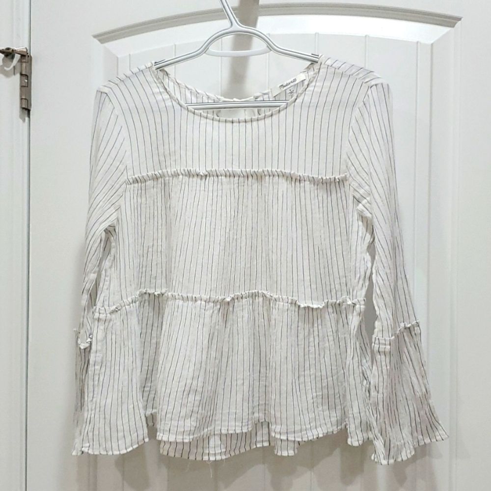 Madewell Women’s Tiered Tie-Back White Striped Blouse, Size Small